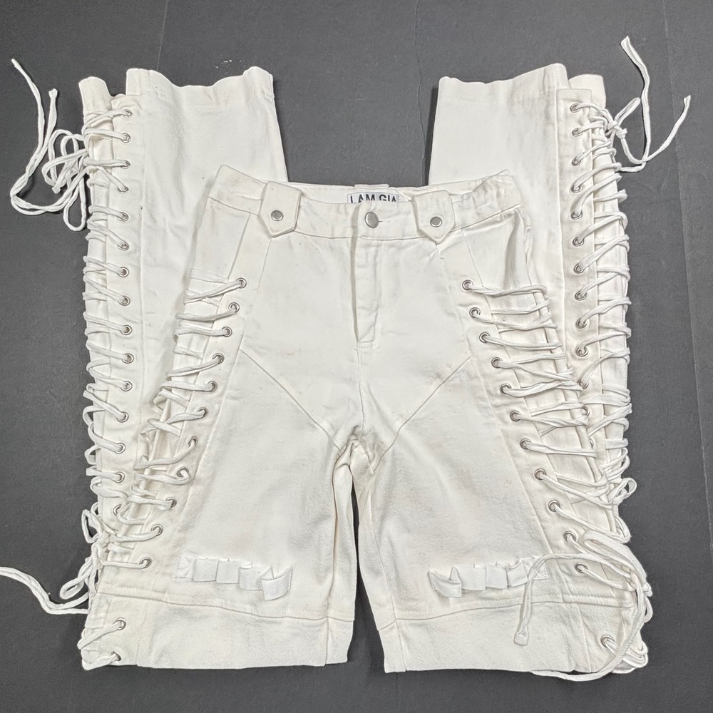 White Lace Up Side Tie Denim Pants Small High Waist Straight Leg Rockstar Club - Picture 9 of 9
